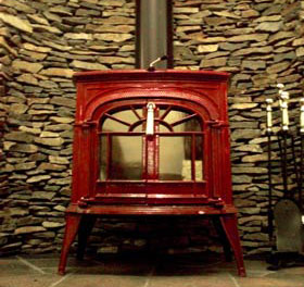 ruby stove with glowing warmth of a fire